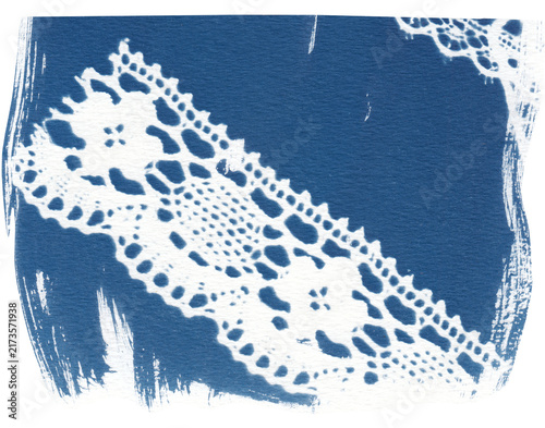 Cyanotype laces illustration. Handcrafted using traditional sun print techniques, featuring delicate and intricate lace textures in classic Prussian blue tones