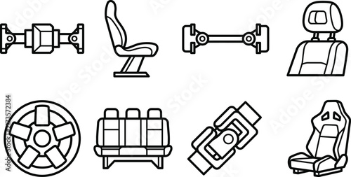 Automotive parts car interior including seats, wheels, axles, mechanical components