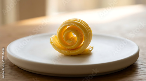Fresh yellow butter curl shaped into a decorative pattern resting on a white ceramic plate with breakfast ingredient restaurant delicious composition