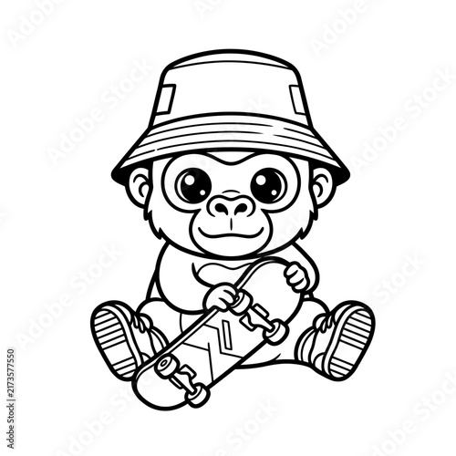 Canvas Print Cute Cartoon Baby Monkey Wearing Bucket Hat Sitting.