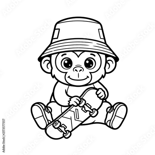 Photography Cute Cartoon Monkey Wearing Bucket Hat Playing Toy.