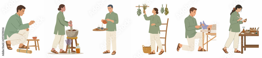 Obraz premium Set of illustrations depicting practitioners performing traditional Ayurvedic treatments, herbal medicine preparation, and therapeutic massage on a white background.
