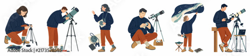 Collection of diverse people engaged in astronomy and stargazing activities with telescopes and binoculars, isolated on a white background.