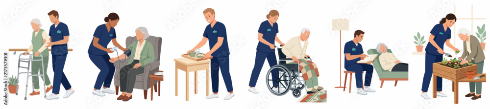 Obraz premium Collection of flat illustrations depicting professional caregivers assisting elderly people with daily activities, medical care, and companionship in a home setting.
