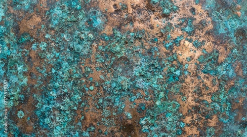 Close up texture of aged copper with blue green patina