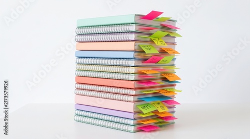 A tall stack of colorful spiral notebooks with bright sticky notes on a clean white background area.