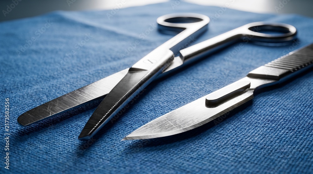 Fototapeta premium Surgical scalpel and scissors on blue sterile cloth in operating room