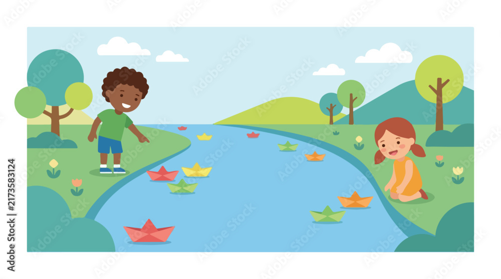 Naklejka premium Two happy children play outside by a winding blue river, floating colorful paper boats downstream on a sunny day.