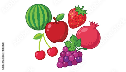 Fresh organic fruits vector illustration set with watermelon apple strawberry cherry pomegranate and purple grapes design elements