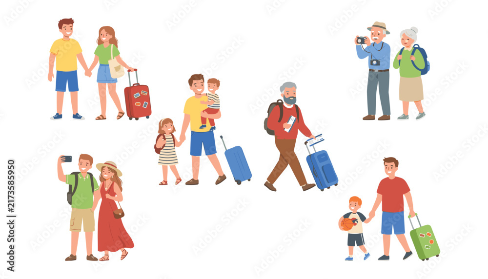 Fototapeta premium Happy traveling tourists vector characters set with diverse families and senior couples holding luggage on white background