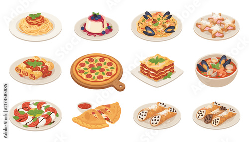 Картината върху платно Italian food vector set with pizza lasagna pasta caprese salad calzone cannoli p