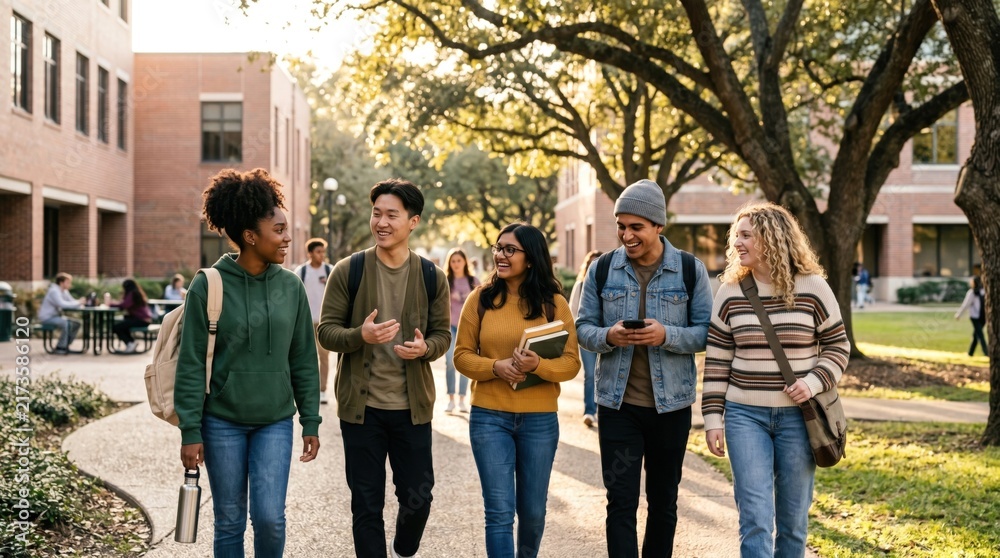 Obraz premium Diverse group of happy multiethnic college students walking together across a sunny university campus representing friendship and student life
