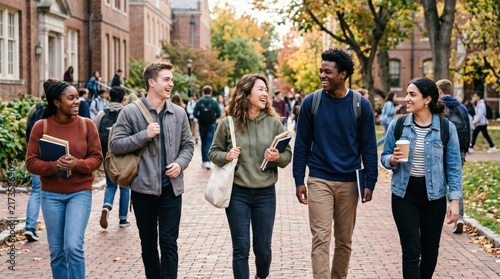 Multiracial group of young adult university students walking together on campus, representing college friendship and diverse education