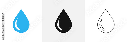 Water drop icons in three graphic styles showing blue fill black silhouette and thin outline representation for web interface design and moisture measurement.