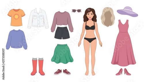 Foto Paper doll vector dress up set featuring woman character with customizable cloth