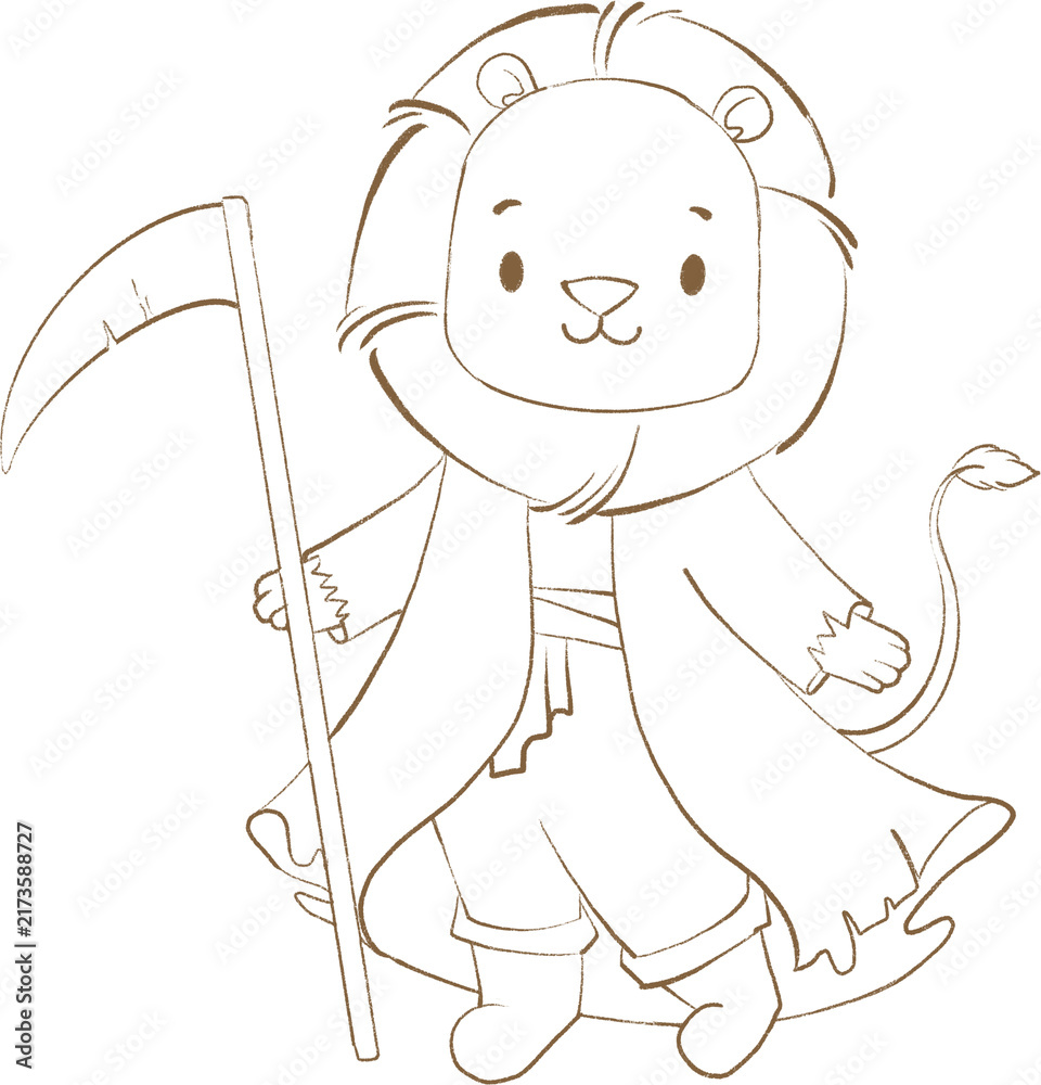 Fototapeta premium woodland lion in reaper costume halloween baby lineart illustration brown