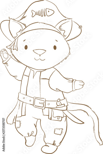 Dancing Cat in Pirate Costume Halloween Baby Line Art Illustration Digistamp