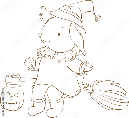 little rabbit witch riding broom in woodland with candy basket baby halloween illustration