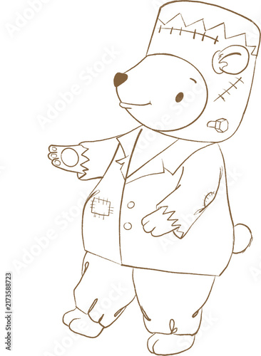 Bear in frankenstein costume halloween woodland baby line art illustration