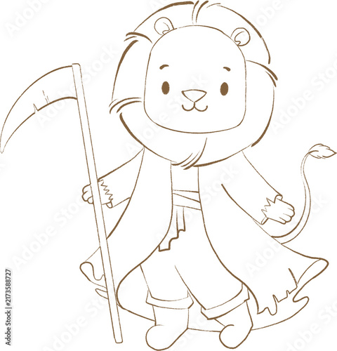 woodland lion in reaper costume halloween baby lineart illustration brown