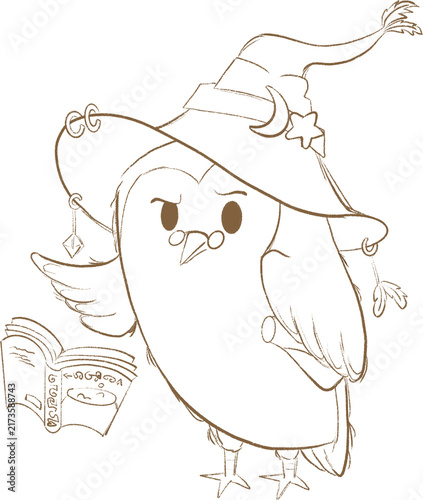 Woodland witch owl reading potion book baby line art illustration digistamp