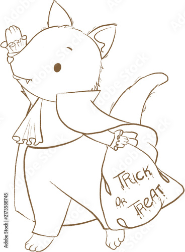 Vampire costume Racoon hold candy sack woodland baby line art illustration