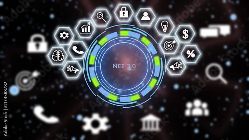 Foto Digital interface featuring a central glowing circular hub with the text neb 3