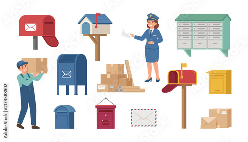 Foto Postal service vector illustration set with mail carrier postwoman courier boxes