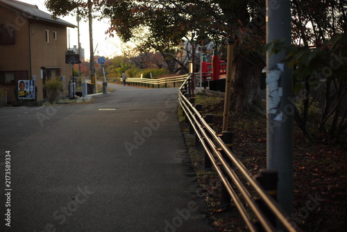 道路のフェンスが夕日に光る風景　