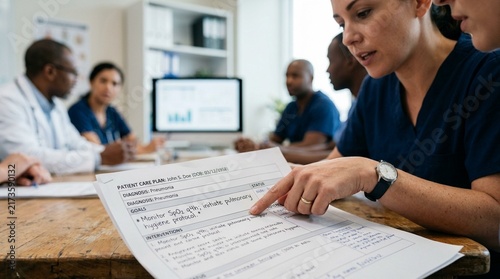 A multidisciplinary team member pointing to a patient care plan document during discussion
