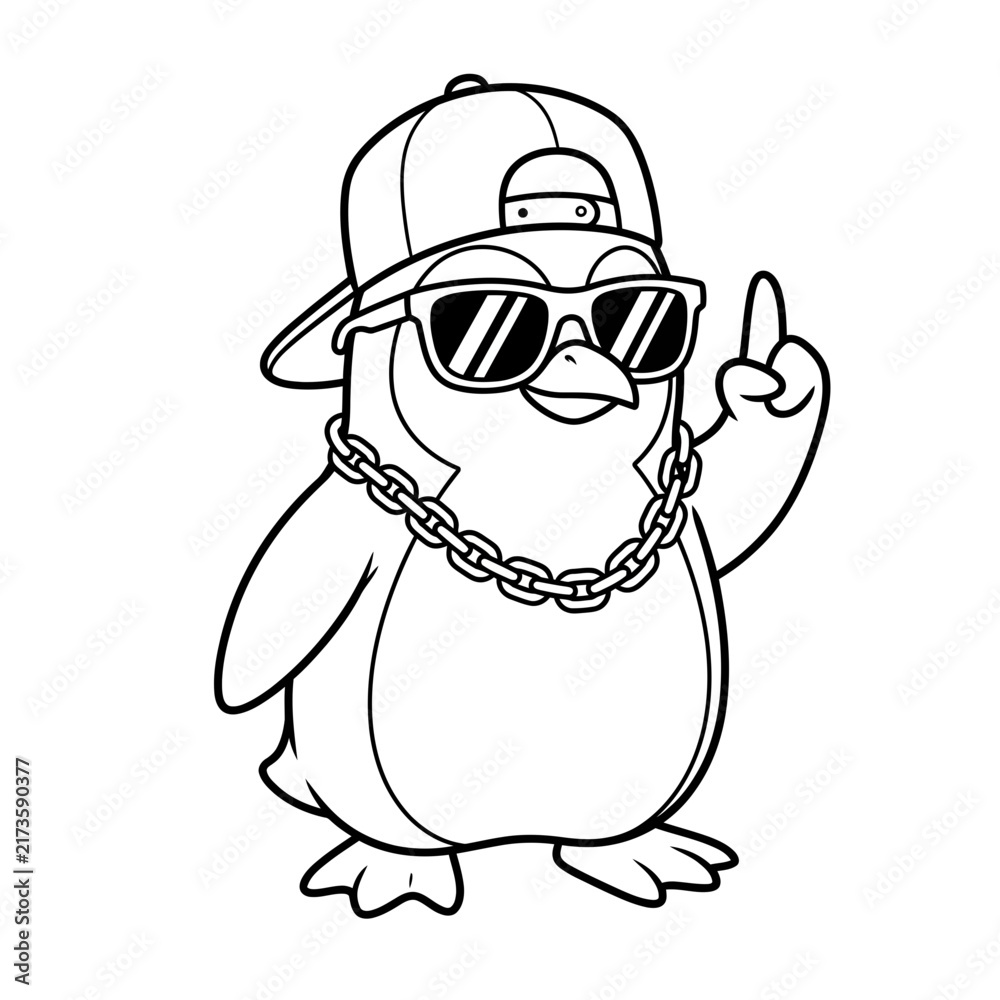 Fototapeta premium Cool penguin cartoon character wearing cap sunglasses and chain.