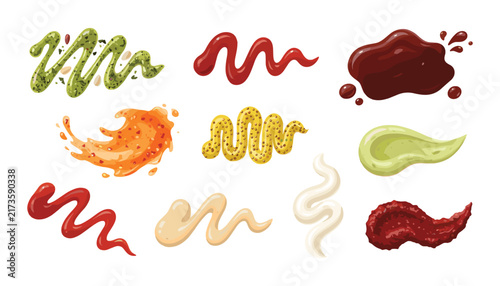 Photography Various sauces and condiments vector illustration set with splash swirl smudge l