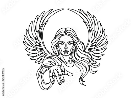 Angelic figure with wings and flowing hair illustration
