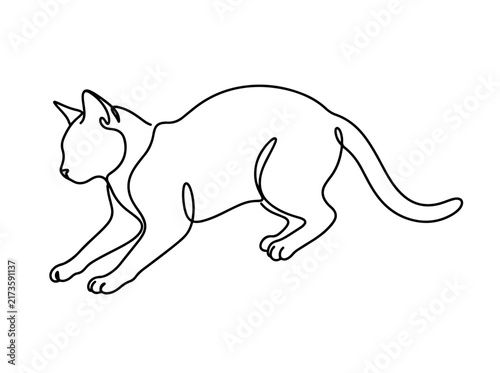 Black and white line drawing of a crouching cat
