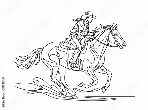 Cowboy riding galloping horse in action pose
