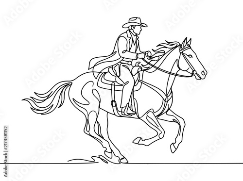 Cowboy riding galloping horse in action pose