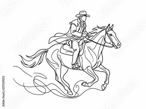 Cowboy riding galloping horse in action pose