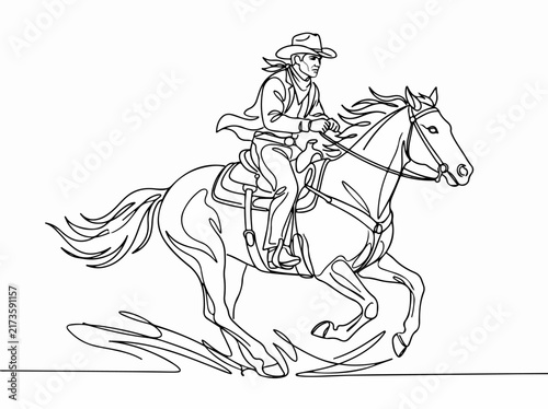 Cowboy riding galloping horse in action pose