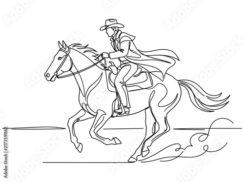 Cowboy riding galloping horse in action scene