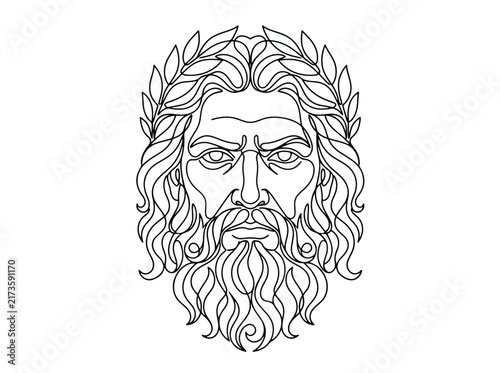Detailed black and white illustration of a bearded man with leaves