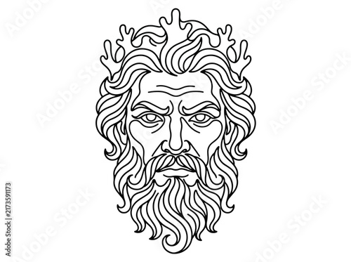 Detailed black and white illustration of bearded face with flowing