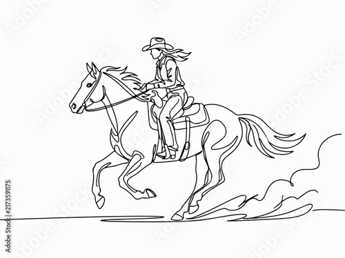 Cowgirl riding galloping horse in action pose