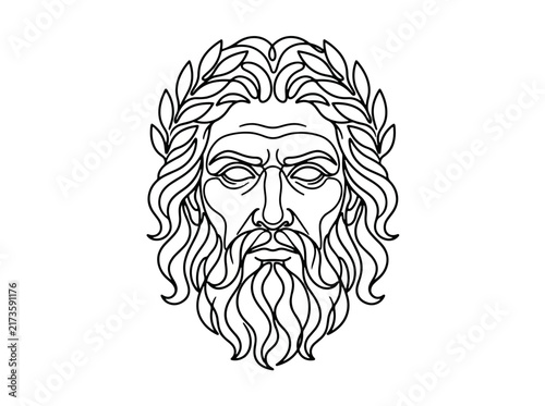 Detailed black and white illustration of a bearded man with laurel
