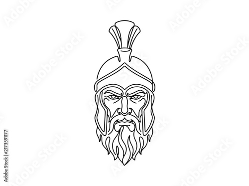 Detailed line art of a bearded warrior with helmet