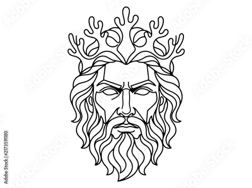 Detailed black and white line art of mythical bearded figure