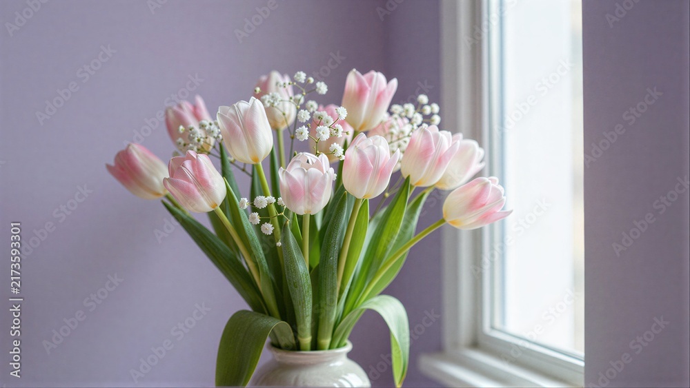 Obraz premium Pink tulips and baby's breath in a white vase by a window.