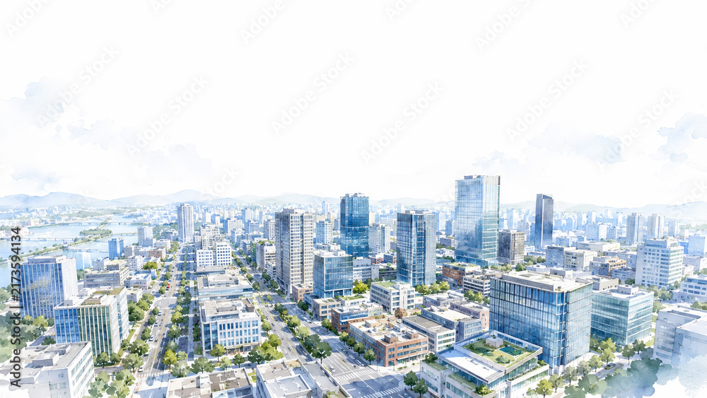 Fototapeta premium Watercolor Aerial View of Modern Office District with White Copy Space