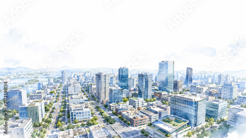 Watercolor Aerial View of Modern Office District with White Copy Space