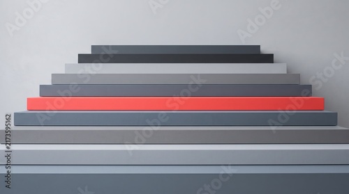 Abstract minimalist composition featuring stacked rectangular blocks in varying shades of grey and a single vibrant red layer, symbolizing hierarchy, structure, building steps