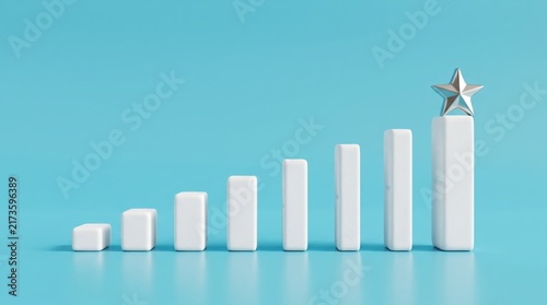 Conceptual 3D illustration of white bar chart showing positive growth trend and success, silver star symbol on highest column representing achievement, goal, victory, blue